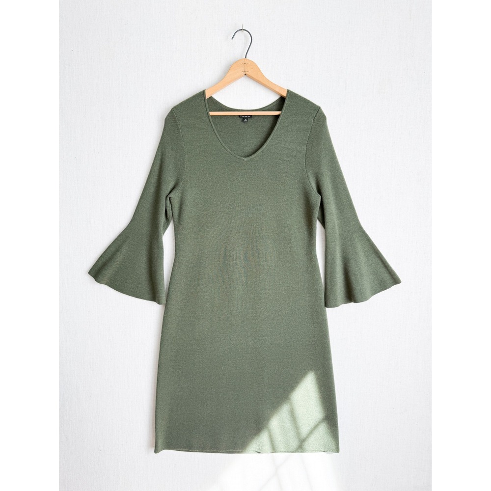 Talbots Olive Green Pure Merino Wool V-Neck Bell Sleeve Sweater Dress Womens M